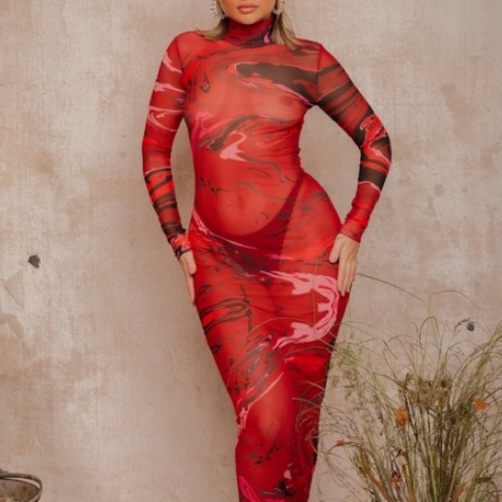 Kai Collective Gaia Long Sleeve Printed Mesh Dress - Red